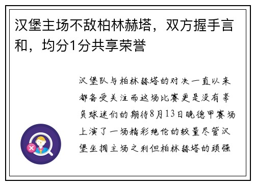 汉堡主场不敌柏林赫塔，双方握手言和，均分1分共享荣誉